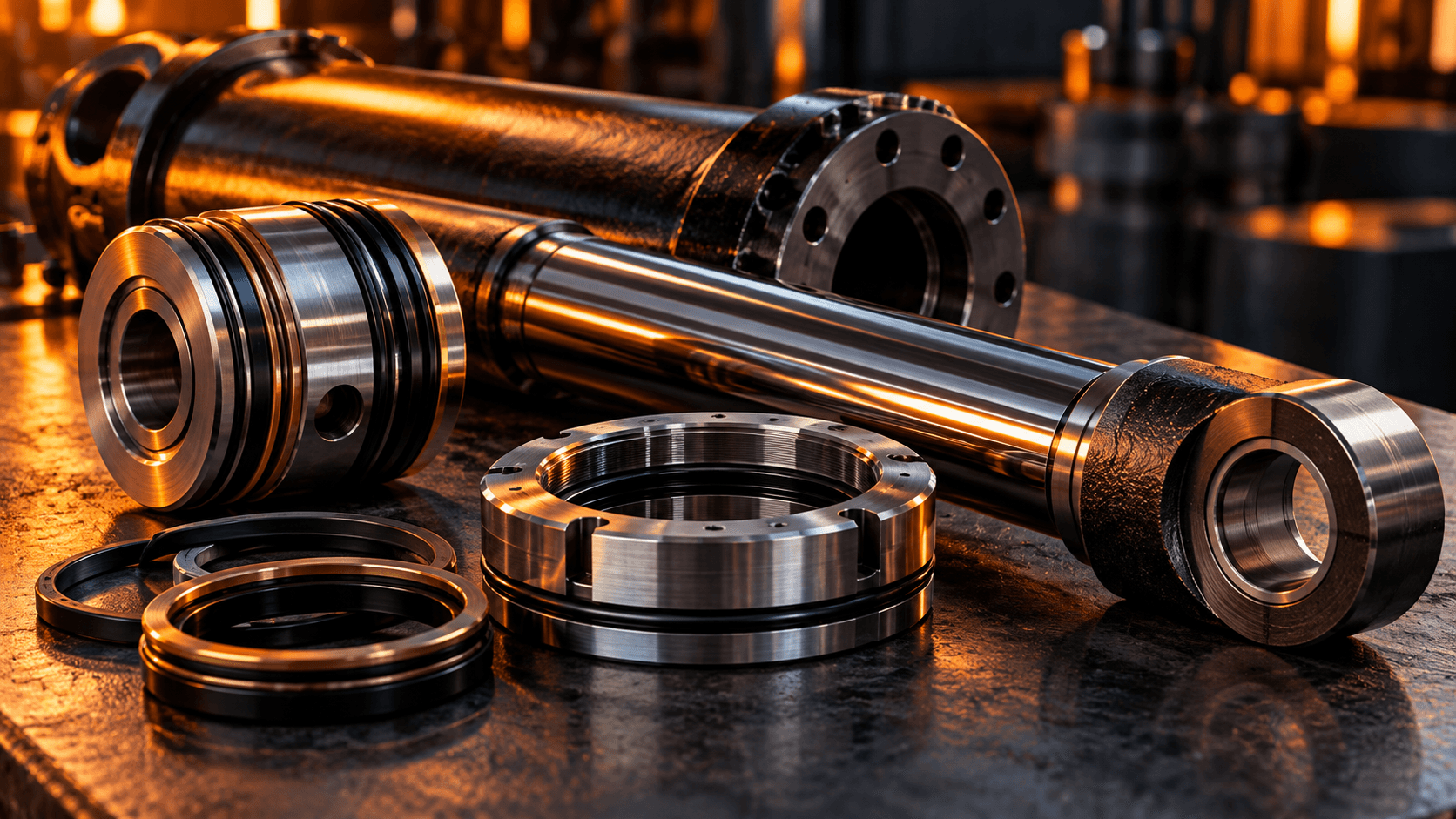 Industry illustration of hydraulic cylinder components on a workbench