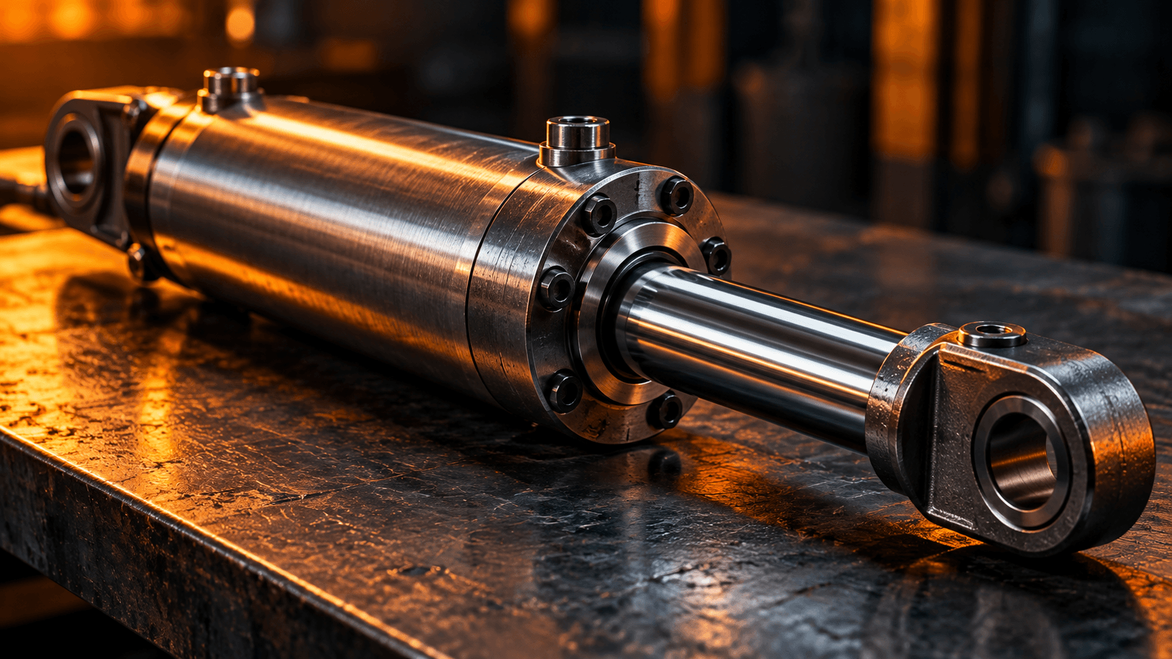 Industry illustration of a hydraulic cylinder on a steel workbench